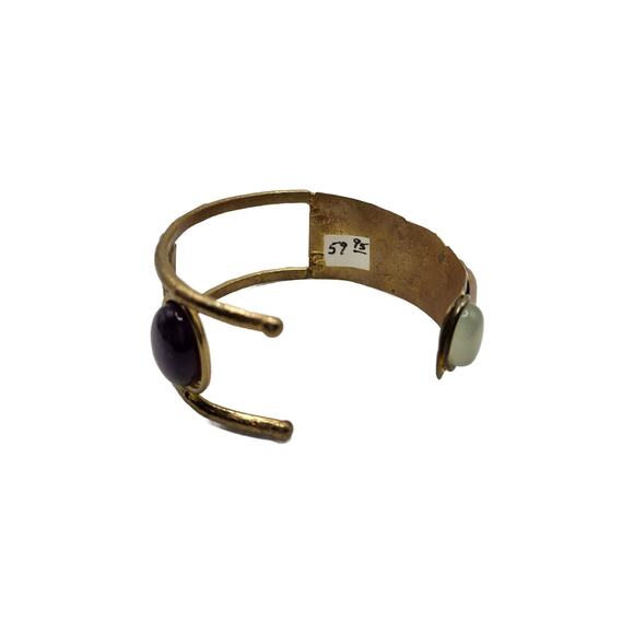 Vintage Artisan Brutalist Gold Cuff Bracelet Moonstones and Amethyst Stones - Picture 6 of 13